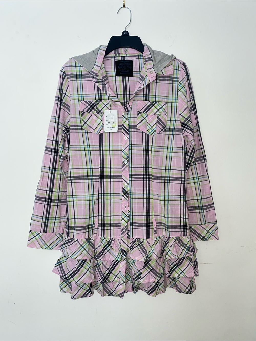 NWT Pink Plaid Hooded Ruffle Shirt Dress